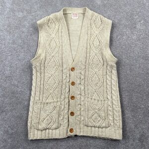 Thane Acrylic Cable Knitted Front Button‎ Cardigan Vest Sleeveless Size S Ivory